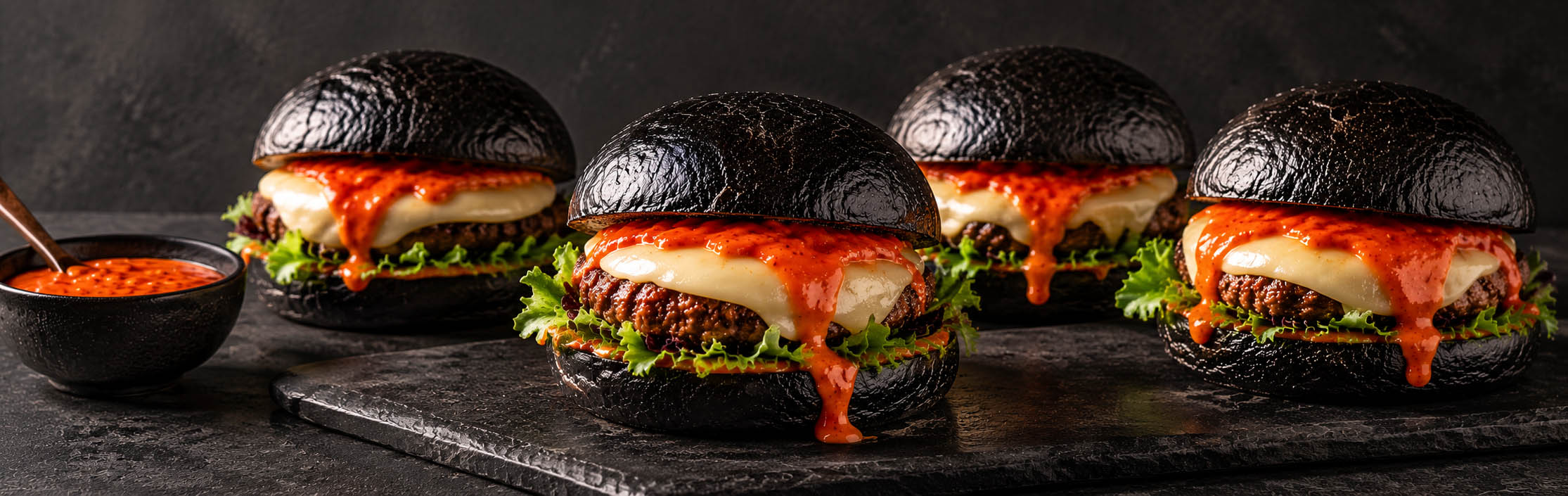 Midnight Burger with melted provolone and Korean bloody sauce